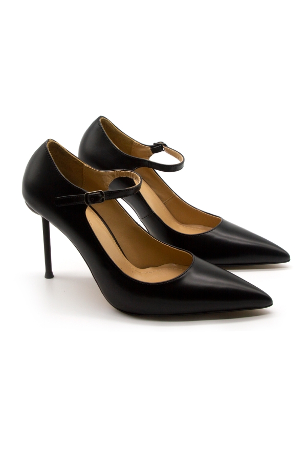 Mizalle - İnce Topuklu Bantlı Siyah Ayakkabı
